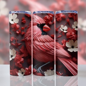 3D Red Cardinal Bird Flowers 20 oz Skinny Tumbler Sublimation Design, Straight And Tapered Tumbler Wrap, Instant Digital Download PNG