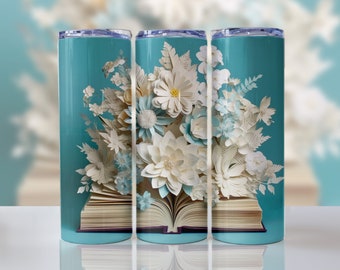 Floral Book 20 oz Tumbler Sublimation Design: Blue & White (Digital Download)