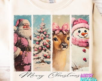 PNG navideño vintage: Papá Noel, reno y muñeco de nieve (descarga digital)