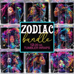 Sternzeichen Bundle Afro Frauen 20 Unzen Skinny Tumbler Sublimation Design Sternzeichen Galaxie Digitaler Download Gerade Tumbler Wrap PNG