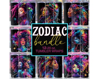 Zodiac Bundle Afro Women 20 oz Skinny Tumbler Sublimation Design Star Sign Galaxy Digital Download Straight Tumbler Wrap PNG