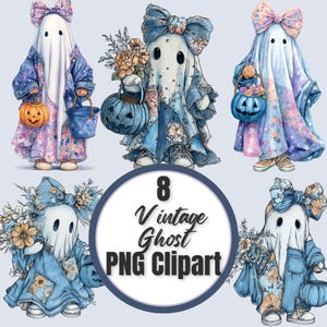 May include: Watercolour illustrations of vintage ghosts in floral outfits, holding pumpkins and buckets. Each ghost has a bow and is wearing trainers. The image includes the text "8 Vintage Ghost PNG Clipart".