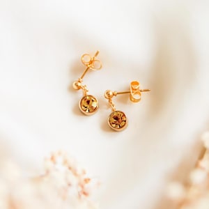 Peut inclure: Une paire de boucles d'oreilles en or avec de petites pierres rondes de couleur ambre qui pendent du bas.