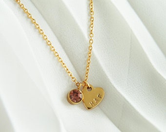 Collar con inicial de corazón y piedra de nacimiento / Collar con letra personalizada de oro / Collar con nombre estampado a mano / Joyería romántica / Regalo para dama de honor