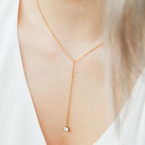 Lariat Birthstone Necklace | Dainty Y Necklace | Birth Stone Gemstone Drop Lariat Chain Necklace for Women | Minimalist Trendy Jewelry