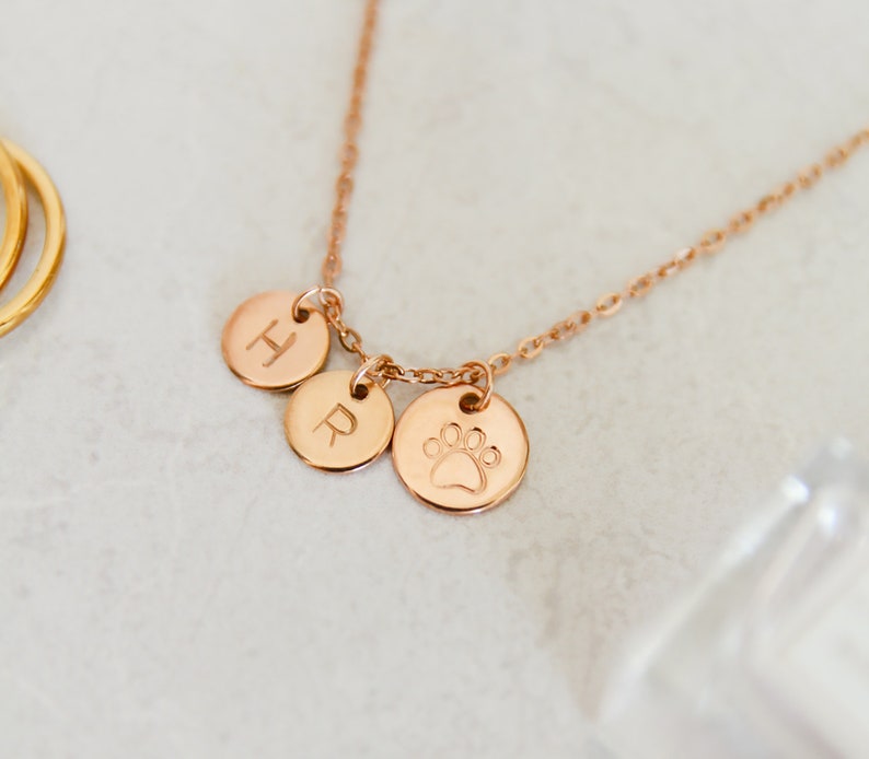 Initial Paw Print Necklace Dog Mom Gift Personalized Pet Initial Hand Stamped Cat Paw Necklace Dog Memorial Gift Pet Loss Memorial Rose gold