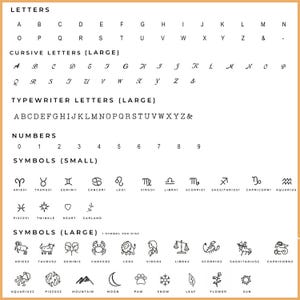 Puede incluir: Un gr&aacute;fico con fondo blanco y texto negro enumera letras, n&uacute;meros y s&iacute;mbolos. El gr&aacute;fico incluye letras may&uacute;sculas y min&uacute;sculas, letras cursivas, letras de m&aacute;quina de escribir, n&uacute;meros del 0 al 9 y s&iacute;mbolos del zod&iacute;aco. El gr&aacute;fico tambi&eacute;n incluye s&iacute;mbolos para el brillo, el coraz&oacute;n, la guirnalda, la monta&ntilde;a, la luna, la pata, la nieve, la hoja, la flor y el sol.