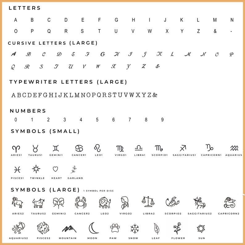 Puede incluir: Un gr&aacute;fico con fondo blanco y texto negro enumera letras, n&uacute;meros y s&iacute;mbolos. El gr&aacute;fico incluye letras may&uacute;sculas y min&uacute;sculas, letras cursivas, letras de m&aacute;quina de escribir, n&uacute;meros del 0 al 9 y s&iacute;mbolos del zod&iacute;aco. El gr&aacute;fico tambi&eacute;n incluye s&iacute;mbolos para el brillo, el coraz&oacute;n, la guirnalda, la monta&ntilde;a, la luna, la pata, la nieve, la hoja, la flor y el sol.