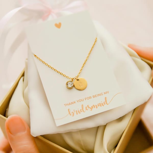 Thank You For Being My Bridesmaid Initial Necklace | Birthstone Gemstone | Wedding Bridesmaid Thank You Gift | Bridal Necklace Proposal