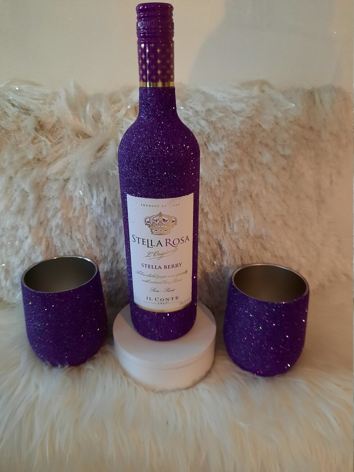 Purple Glittered Stella wine bottle with matching glasses Etsy
