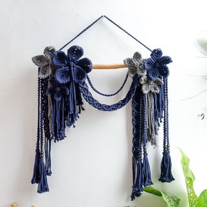 Blue & Gray Macrame Flower Tapestry Wall Hanging - CANTIKA