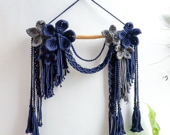Blue & Gray Macrame Flower Tapestry Wall Hanging - CANTIKA