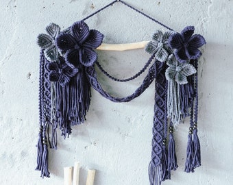 Macrame Flower Wall Hanging: Navy Blue Tapestry on Teak - CANTIKA