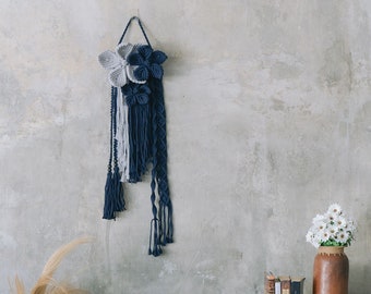 Floral Macrame Wall Hanging: Navy Blue & Gray Tapestry Art