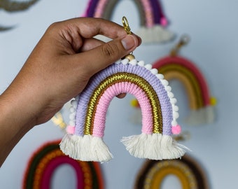 Macrame Rainbow Keychain: Boho Bag Accessory, Car Keychain