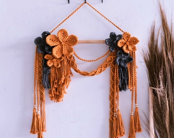 Floral Macrame Wall Hanging: Mustard & Gray Tapestry, Scandinavian Decor