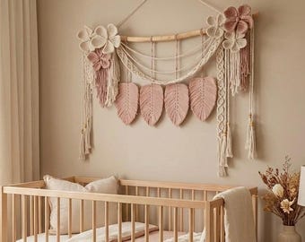 Macrame Leaves & Flowers Wall Hanging: Pink Boho Tapestry - CANTIKA