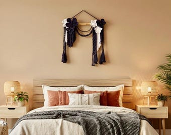 Macrame Floral Wall Hanging: Navy Blue & White Tapestry