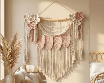 Floral Macrame Wall Hanging, Pink Nursery Decor Girl, Large Boho Fiber Art, Blush & Ivory Flower Tapestry, Headboard Wall Art - CANTIKA