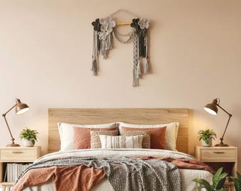 Gray Macrame Flower Wall Hanging: Woven Tapestry Textile Art