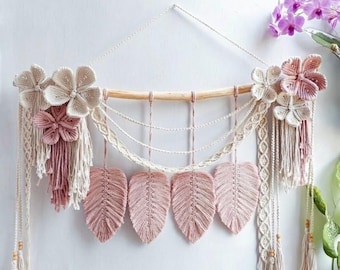 Extra Large Floral Macramé Wall Hanging, Pink & Ivory Boho Tapestry