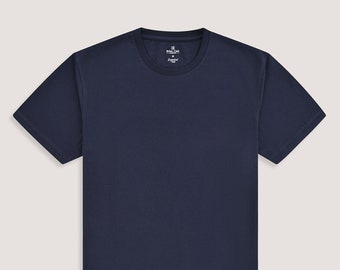 May include: A navy blue short-sleeved t-shirt with a crew neck.