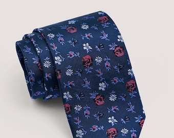 Necktie | Classic  Navy and Blue Floral Silk Tie | Gift for man, unique men's tie, elegant edgy Tie, Wedding tie, Groom Tie
