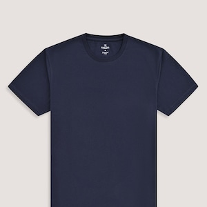 May include: A navy blue short-sleeved t-shirt with a crew neck.