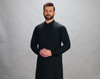 Pakistanischer Stil Herren Handgefertigte Schwarze Schlichte Shalwar Kameez Neue Kollektion