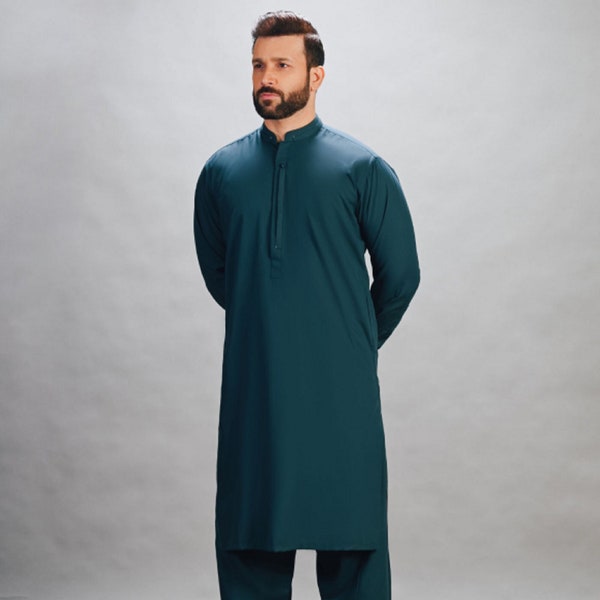 Pakistani Style Men’s Handmade Teal Plain Shalwar Kameez New Collection