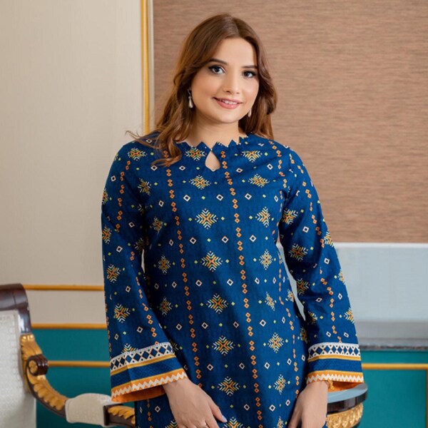 Pakistani Designer women Navy Printed Lawn Shirt | New Collection