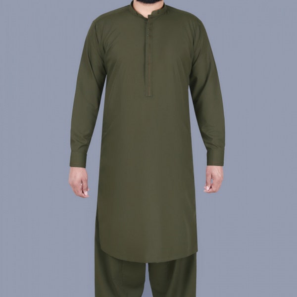 Premium Quality Pakistani Style Men’s Handmade Olive Plain Shalwar Kameez New Collection