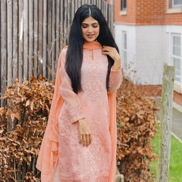 Pakistani Designer Women Ready to Wear Three piece Peach embroidered organza suit | Three Piece Fancy Organza Stitched Suit  Party Wear Suit
