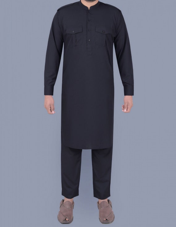 Pakistani Style Mens Handmade Black Plain Kurta Pajama New