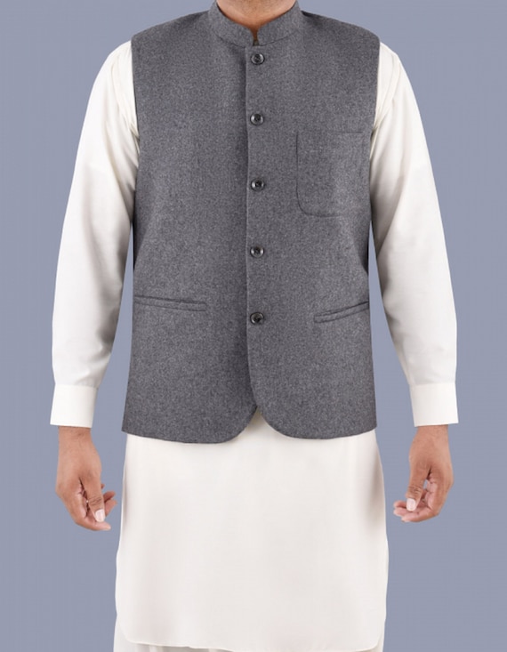 Grey Designer Pakistani indian Mens Traditional Waistcoats Formal