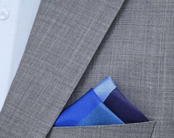 Effen blauwe designer zijden pochet|  zakdoek, zijden sjaal, herenaccessoire, gelegenheidskleding
