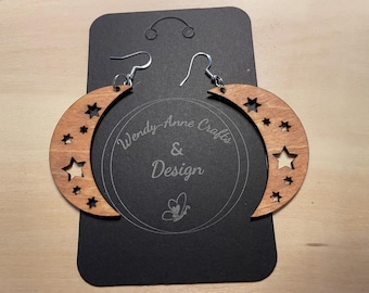 Beautiful Moon & Stars celestial handmade wood earrings