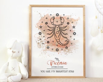 Póster personalizado para guardería con el signo del zodiaco: Anuncio de nacimiento (descarga digital)