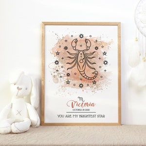 Póster personalizado del signo zodiacal para bebé. Anuncio de nacimiento del signo estelar del recién nacido. Arte mural personalizado para guardería. Decoración de guardería. Regalo baby shower