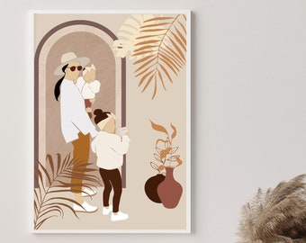 May include: A digital art print featuring a family of three standing in front of an archway with palm leaves and a vase of flowers. The woman is wearing a hat and sunglasses, and the children are wearing white shirts and jeans. The print is in a minimalist style with muted colors.