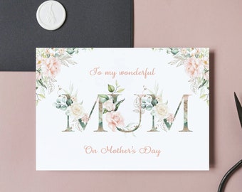 Floral Mother's Day Card with pastel pink painted roses. Printable cards for mum. Instant download Mother's day DIY gift for mom