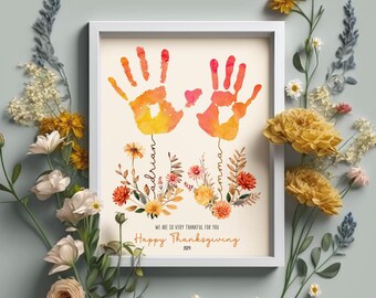 Arte personalizado con huellas de manos para otoño: Descarga digital imprimible para el Día de Acción de Gracias. Manualidad para crear un recuerdo familiar.