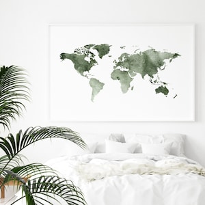 Druckbare Weltkarte Home Dekor Sofortiger Download. Aquarell Grün Moderne Weltkarte Poster. Abstrakte Weltkarte Wandkunst. Über dem Bett Dekor