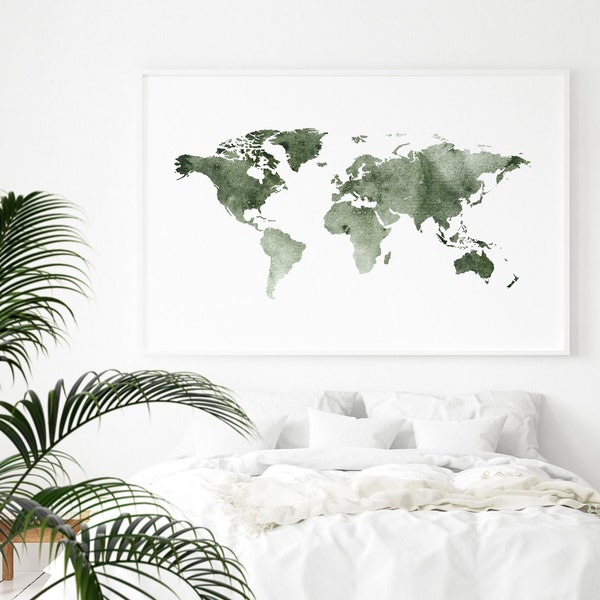 Carte du monde imprimable Home Decor Téléchargement instantané. Aquarelle Vert Carte du monde moderne Affiche. Art mural abstrait de carte du monde. Au-dessus du décor du lit