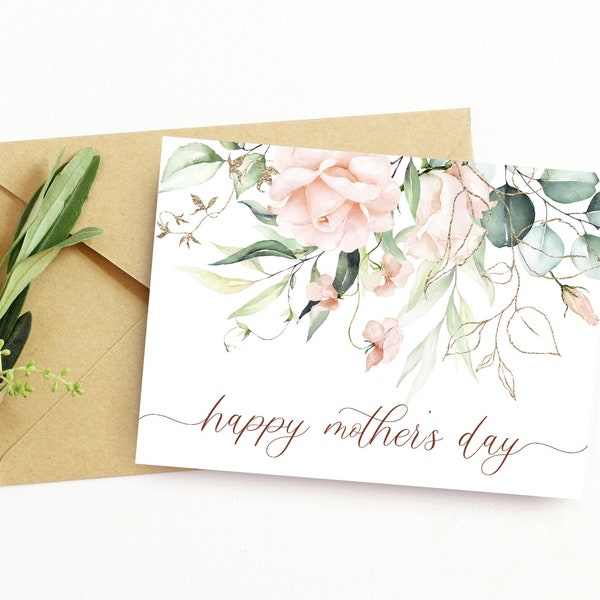 Instant download Mother's Day Card with delicate painted blooming roses. Printable mothers day card digital download. Printable card for mom