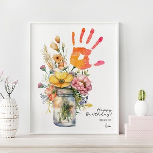 Printable Birthday Handprint Gift from kids. Birthday Handprint craft instant download. Flower Handprint Art for Mom, Grandma, Nana, Grammy