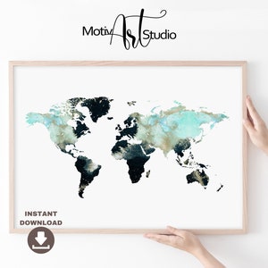 Impresión de mapas del mundo en oro y azul imprimibles. Acuarela moderna Mapa del mundo Sala de estar Arte de pared. Póster del mapa del mundo de Digital Art Home Office