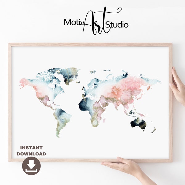 Instant download Pink, Navy Blue and Gold World Map Print. Abstract watercolor World Map Wall Art. World Map Printable Modern Poster.