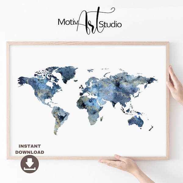 Instant download Navy Blue and Gold World Map Print. Abstract watercolor World Map Wall Art. World Map Printable Modern Poster. Office decor