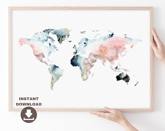 Watercolor World Map Print: Pink, Navy, and Gold Abstract Art (Digital Download)